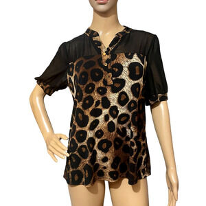 Adele & May Womens Leopard Print Blouse‎ Sheer Black Pleated Short Sleeves Small